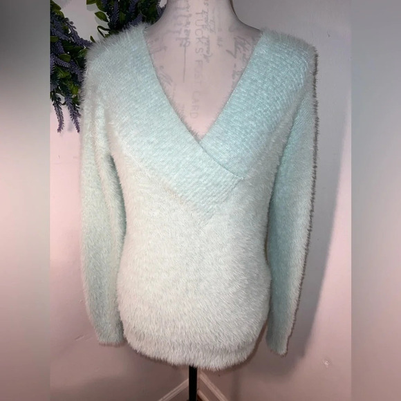 A new day, S, deep V, aqua, long sleeve, eyelash, fluffy sweater - Picture 1 of 6